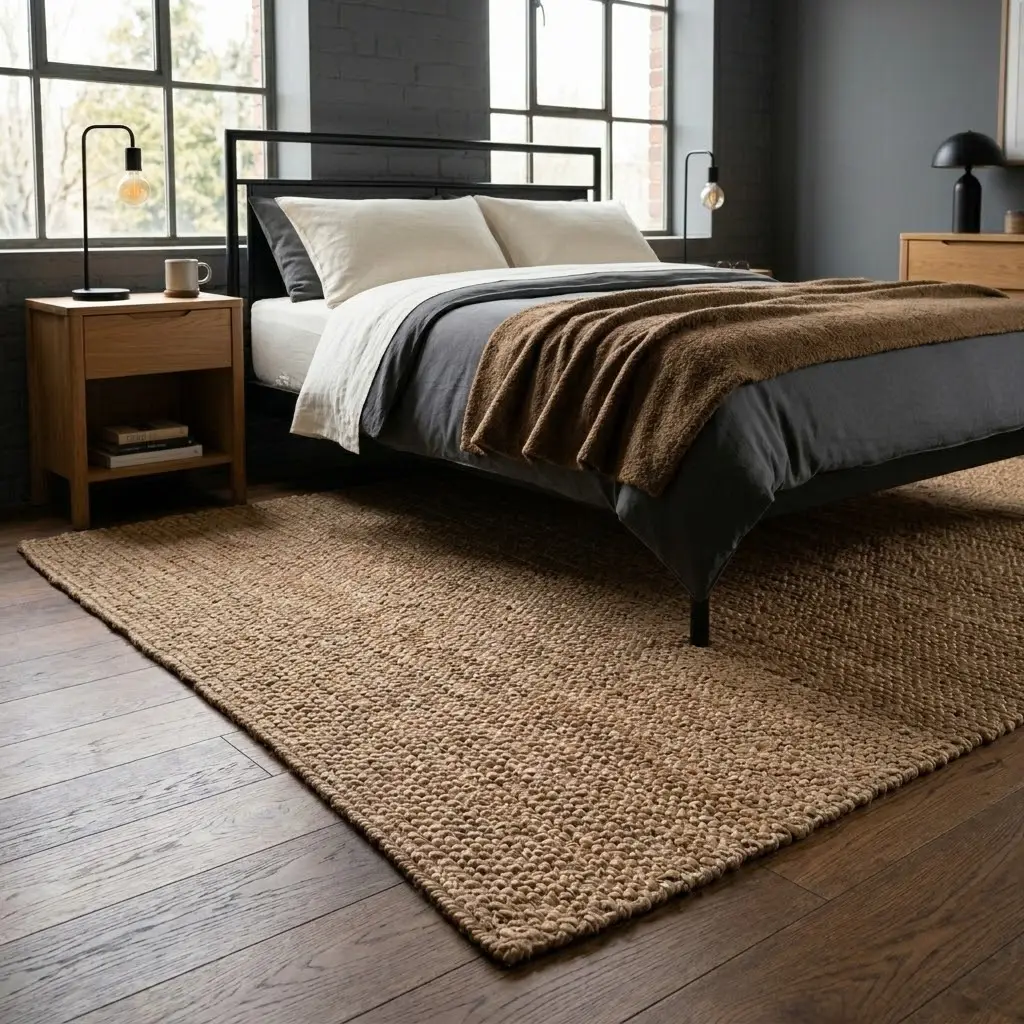Modern industrial bedroom with a textured dark rug beneath a black metal bed on warm oak flooring.