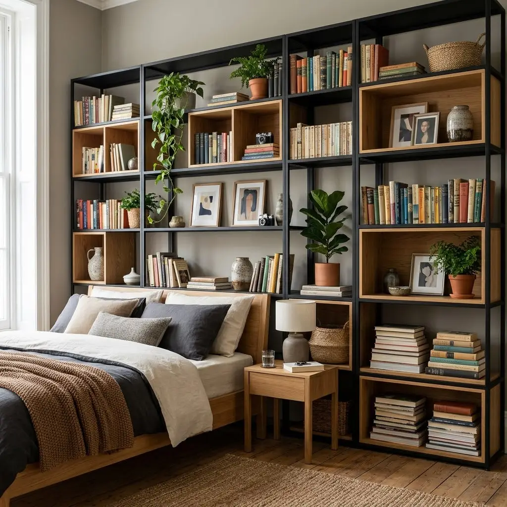 Industrial bedroom with matte-black shelving styled with books, ceramic vases, plants, and framed artwork.