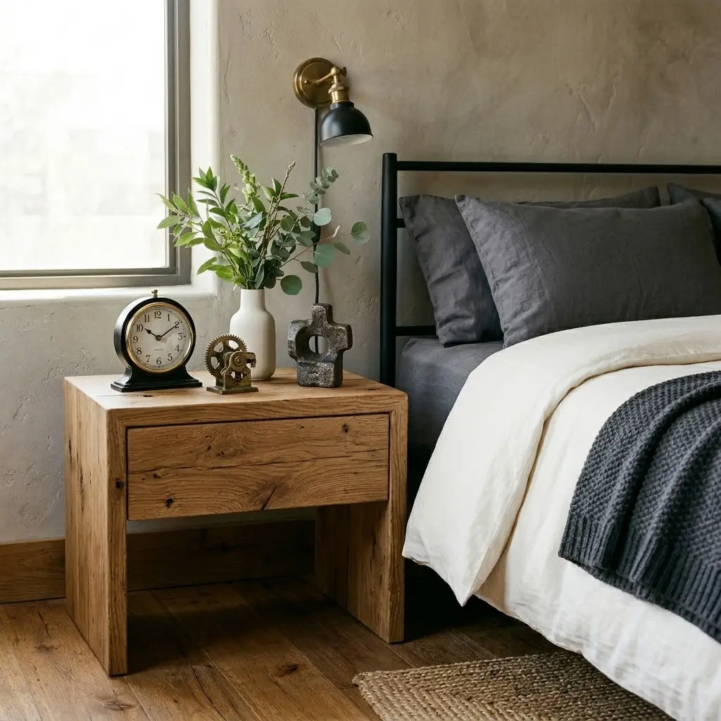 Modern industrial bedroom with vintage metal decor, an aged clock, ceramic vase, and books on a wooden bedside table.
