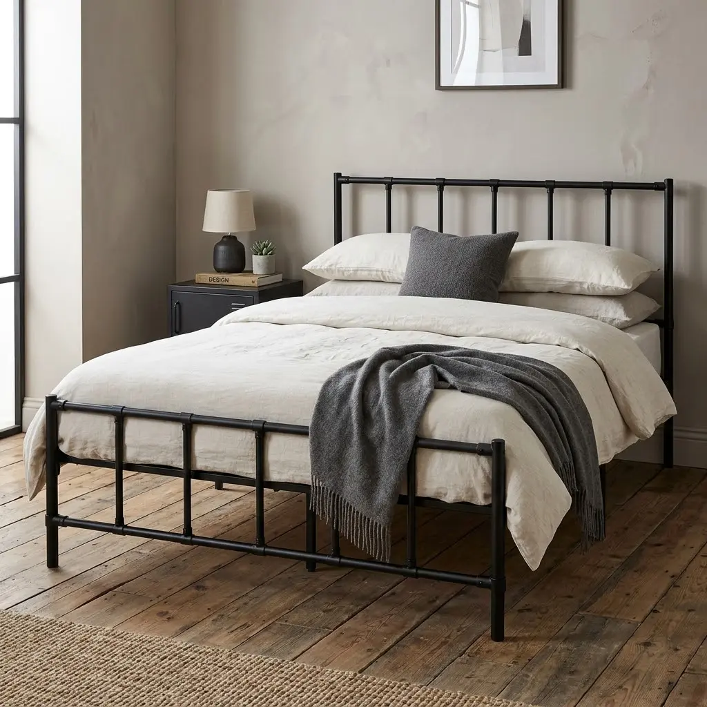 Modern industrial bedroom featuring a black metal bed frame, ivory bedding, and warm oak flooring.