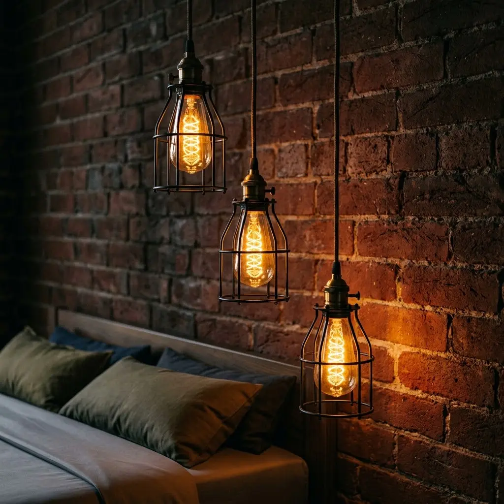Industrial bedroom with glowing Edison bulb pendant lights hanging beside a cozy bed.