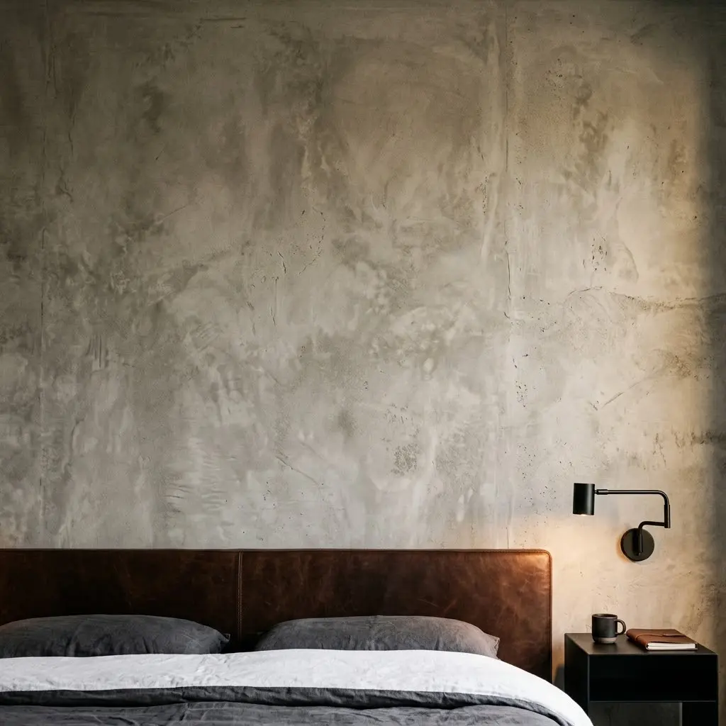 Modern industrial bedroom with a textured concrete-effect wall, soft neutral bedding, and oak bedside furniture.