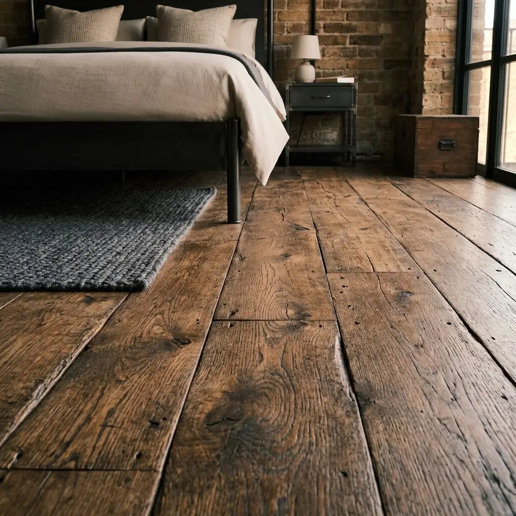 Industrial bedroom featuring warm reclaimed wood floorboards, a black metal bed, and layered neutral bedding.