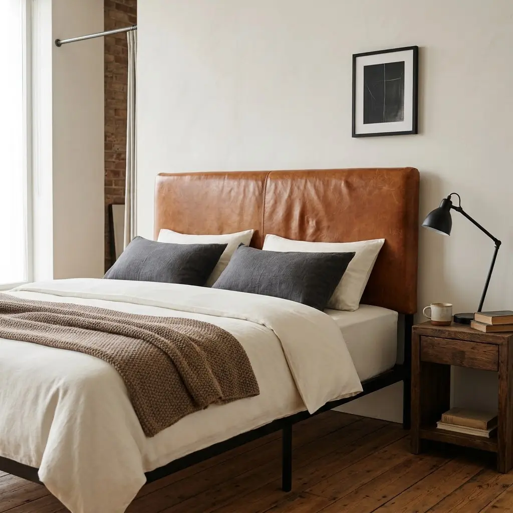 Modern industrial bedroom with a cognac leather headboard, charcoal pillows, and warm wooden accents.