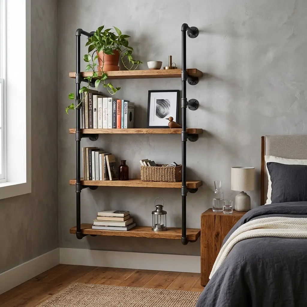 Industrial bedroom with black steel pipe shelves, reclaimed wood boards, books, and decorative plants.