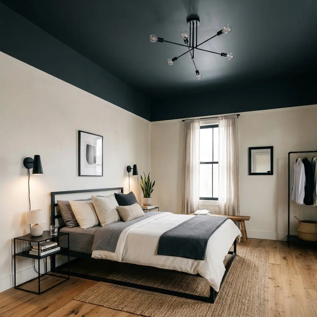 Modern industrial bedroom with a charcoal-painted ceiling, ivory bedding, and warm oak flooring.