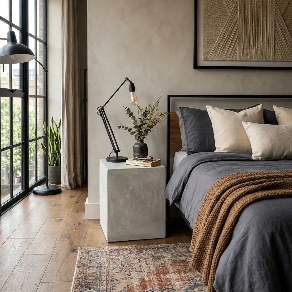 Modern industrial bedroom with a sculptural concrete bedside table, black adjustable lamp, charcoal bedding, and oak flooring.