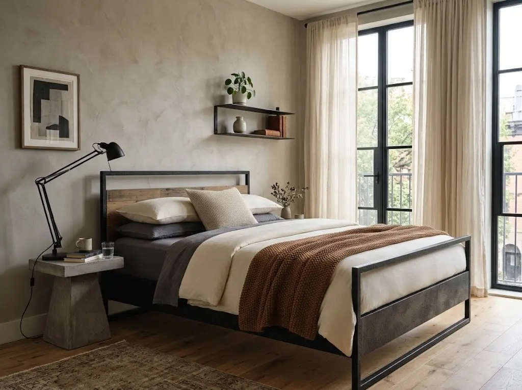 Modern industrial bedroom ideas hero image with charcoal bedding, black metal accents, a concrete bedside table, and warm oak flooring.