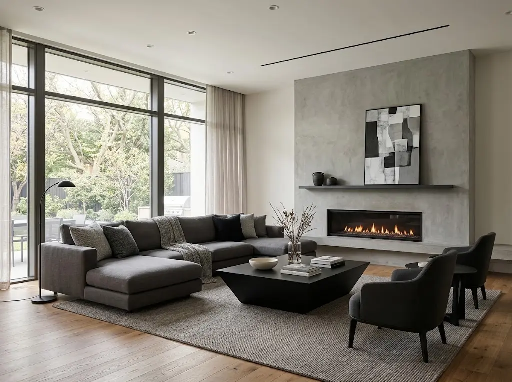 Modern living room with clean lines, neutral colors, and contemporary furniture.