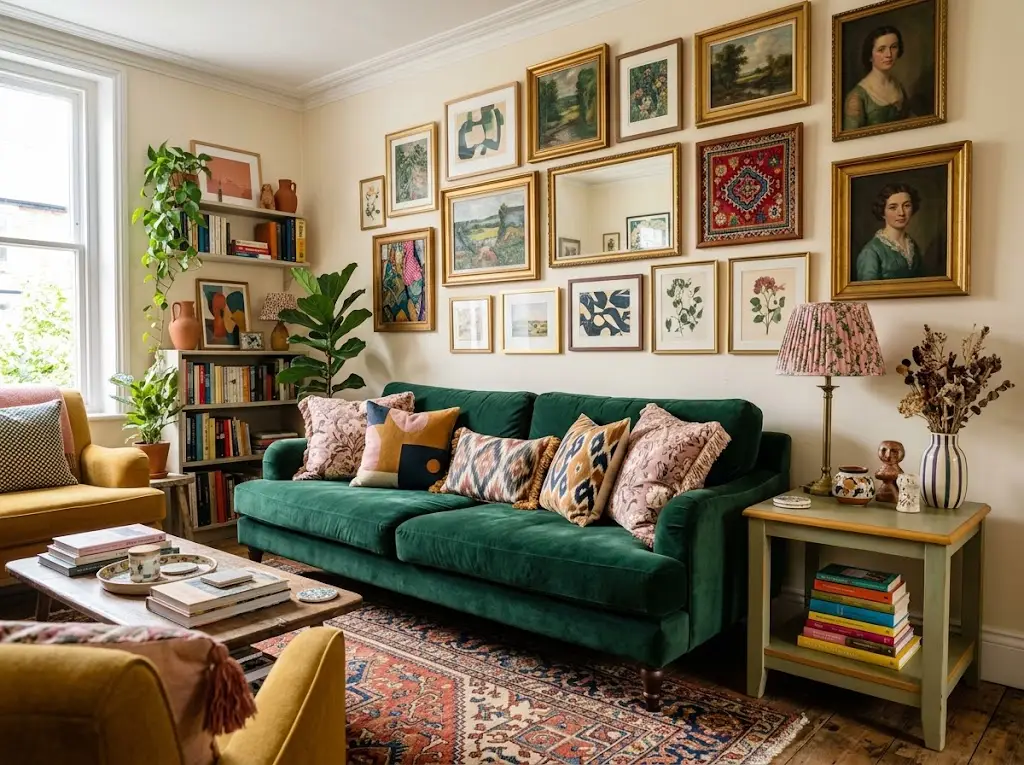 Maximalist living room with colorful decor, layered patterns, and bold statement pieces.