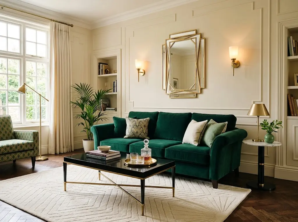 Art Deco living room with geometric patterns, elegant curves, and glamorous metallic accents.