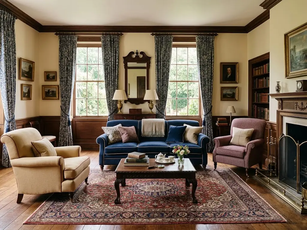 Traditional living room with classic furniture, rich wood finishes, and timeless decorative details.
