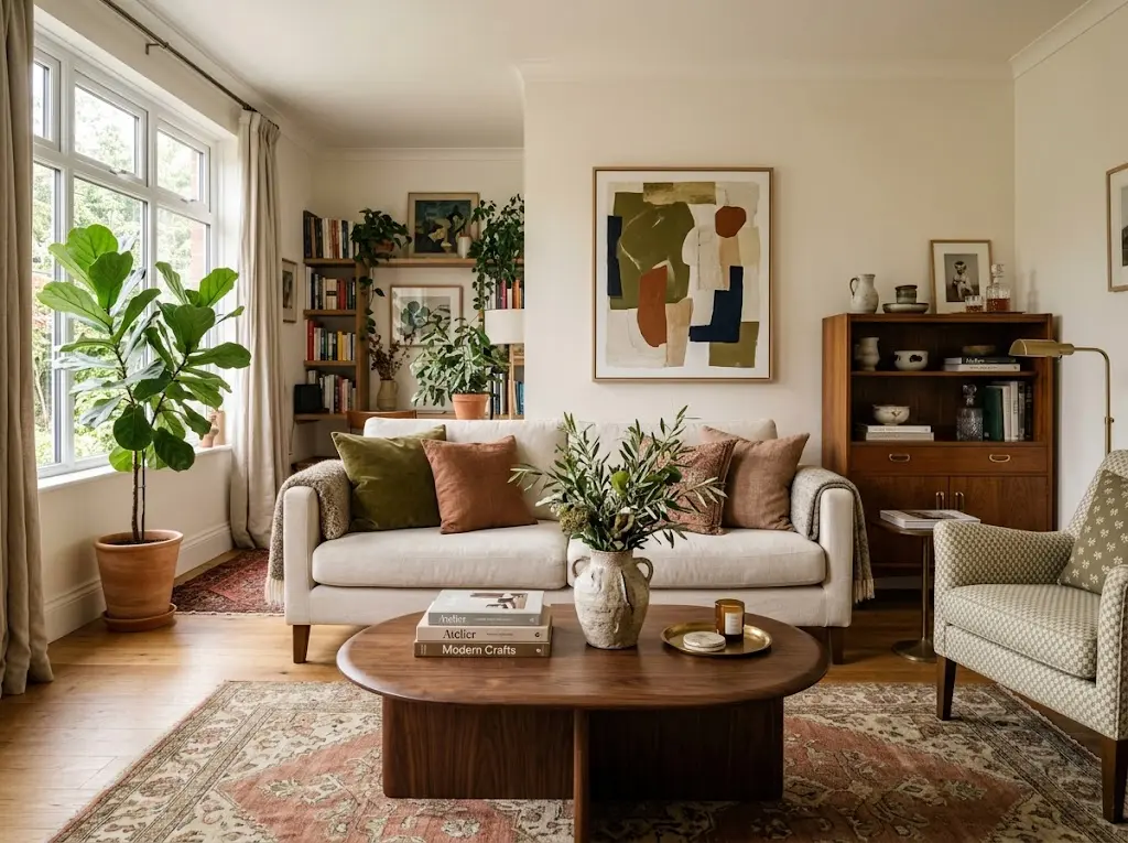 Eclectic living room mixing different furniture styles, colors, and decorative accents.