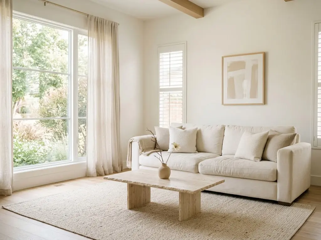 Minimalist living room with simple furniture, neutral tones, and uncluttered space.