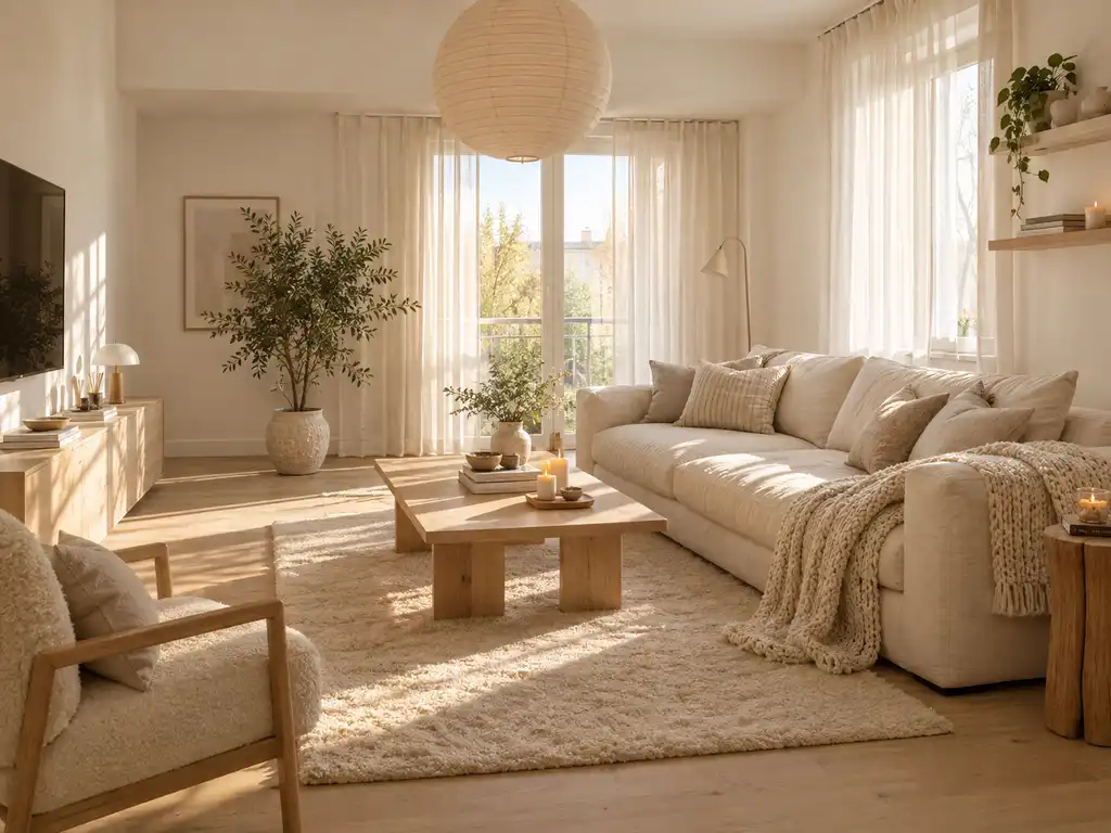 Scandinavian living room with pale wood, cozy textiles, and soft natural light.