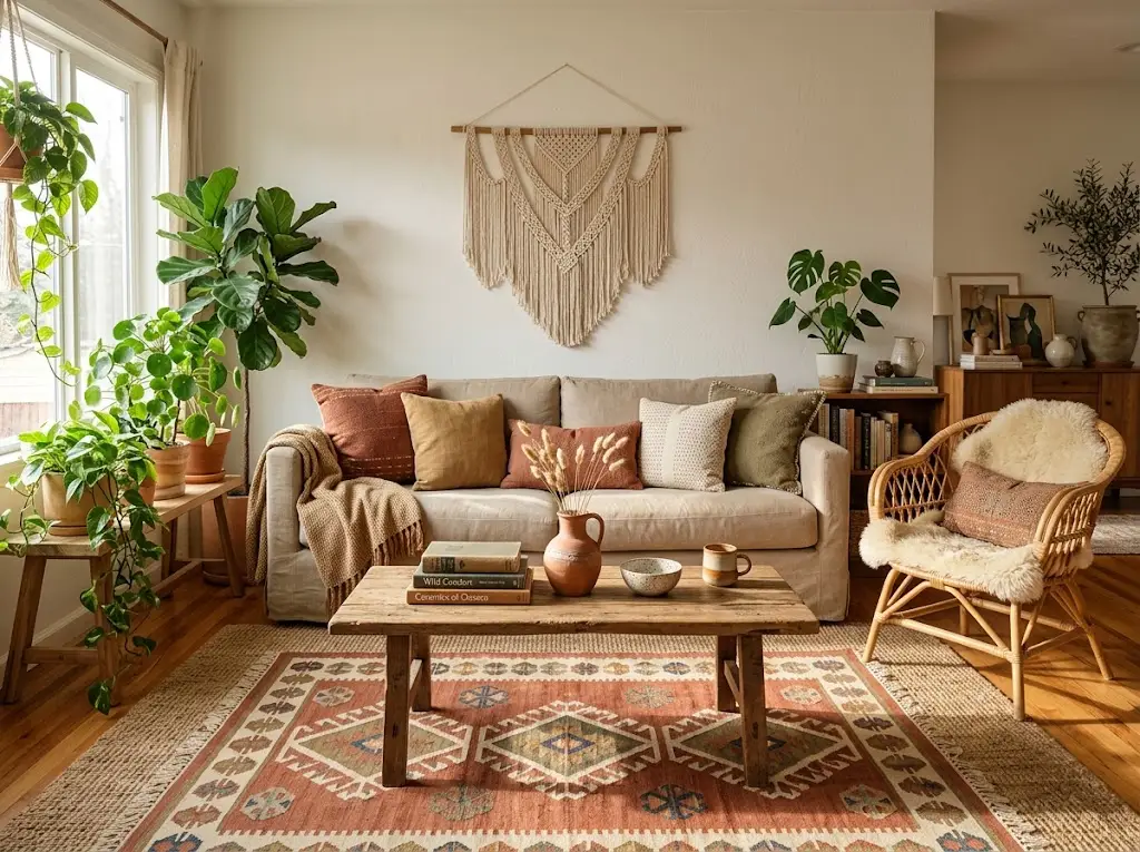 Bohemian living room with layered textiles, earthy colors, plants, and eclectic decor.