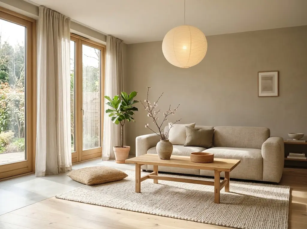 Japandi living room combining Japanese simplicity, natural wood, and warm neutral tones.