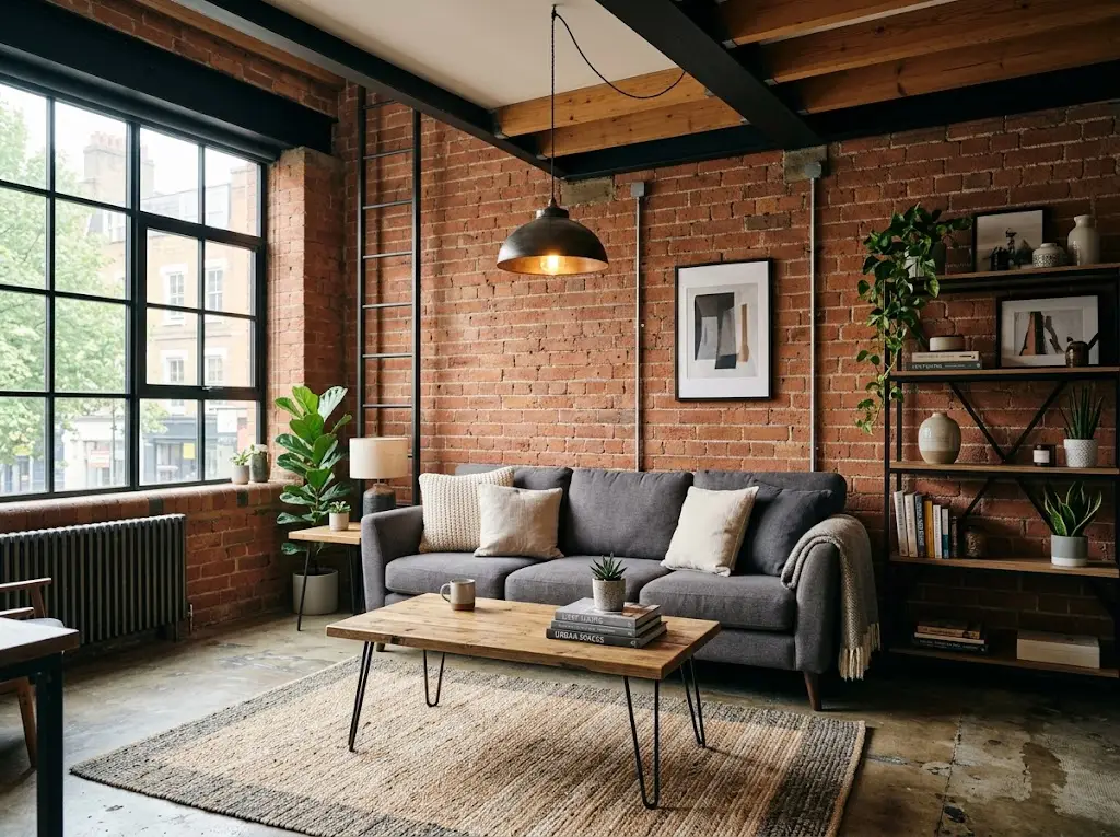 Industrial living room with exposed brick, metal accents, and raw architectural finishes.