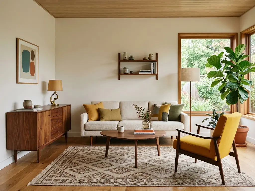 Mid-century modern living room with walnut furniture, tapered legs, and retro accents.
