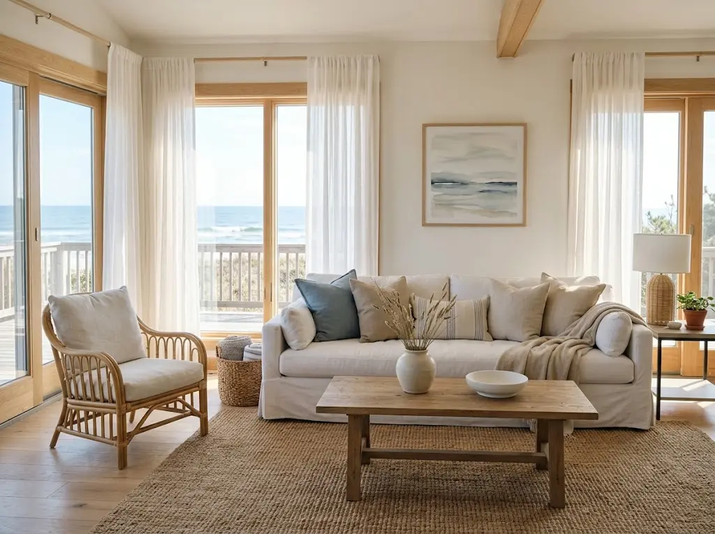 Coastal living room with breezy fabrics, sandy neutrals, and ocean-inspired colors.