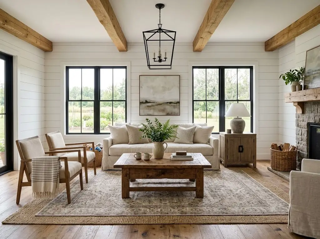 Modern farmhouse living room with exposed wood beams, shiplap walls, and rustic furniture.