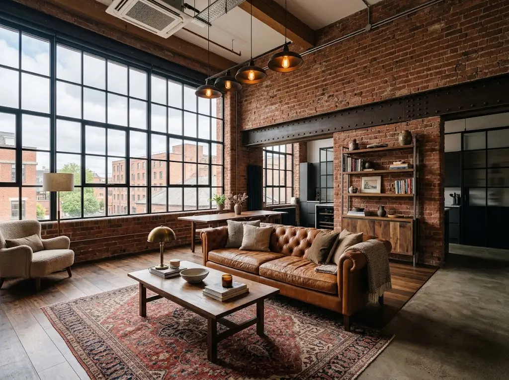 Industrial interior design with exposed brick walls, concrete finishes, steel furniture, and warm lighting in a modern loft living room.
