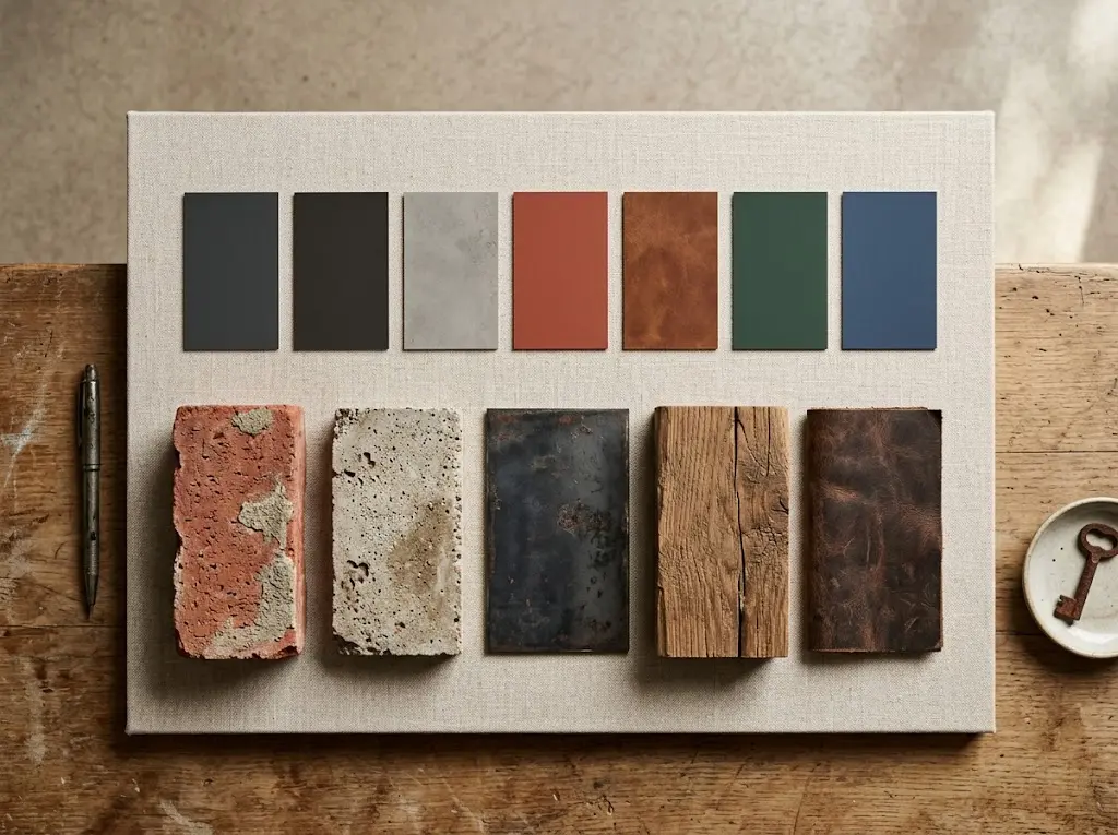 Industrial interior design color palette featuring charcoal gray, matte black, exposed brick red, warm brown, and concrete gray tones.