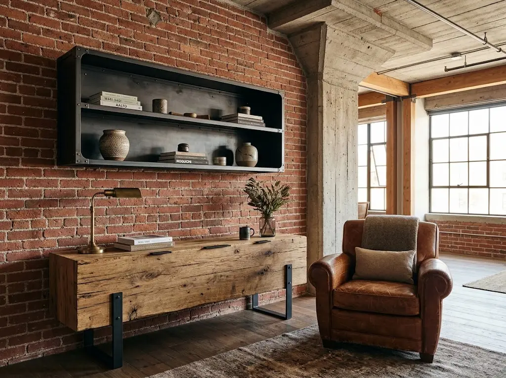 Industrial interior design featuring exposed brick, concrete, black steel, reclaimed wood, and cognac leather textures.