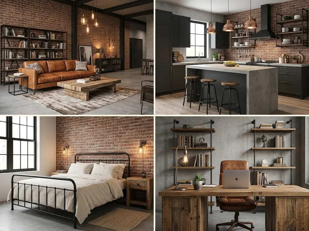 Industrial interior design ideas for the living room, kitchen, bedroom, and workspace in a cohesive grid of modern industrial interiors.