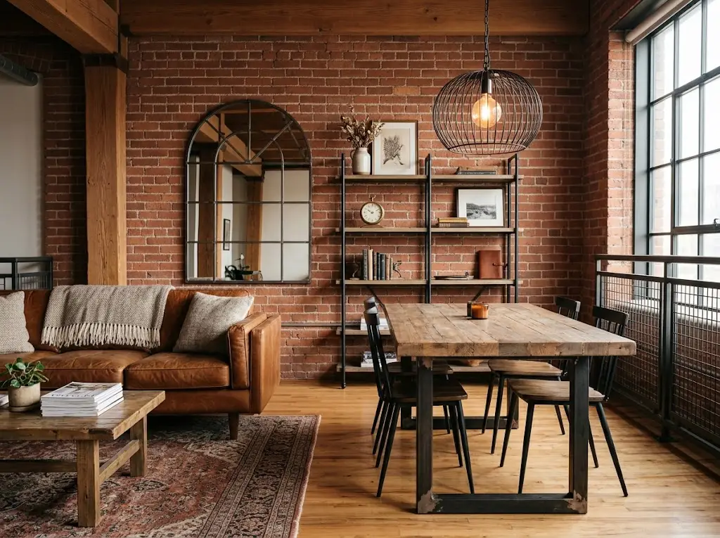 Industrial interior design with Amazon-friendly decor, including a brown faux-leather sofa, wood and metal coffee table, black metal bookshelf, cage pendant light, and industrial floor lamp.