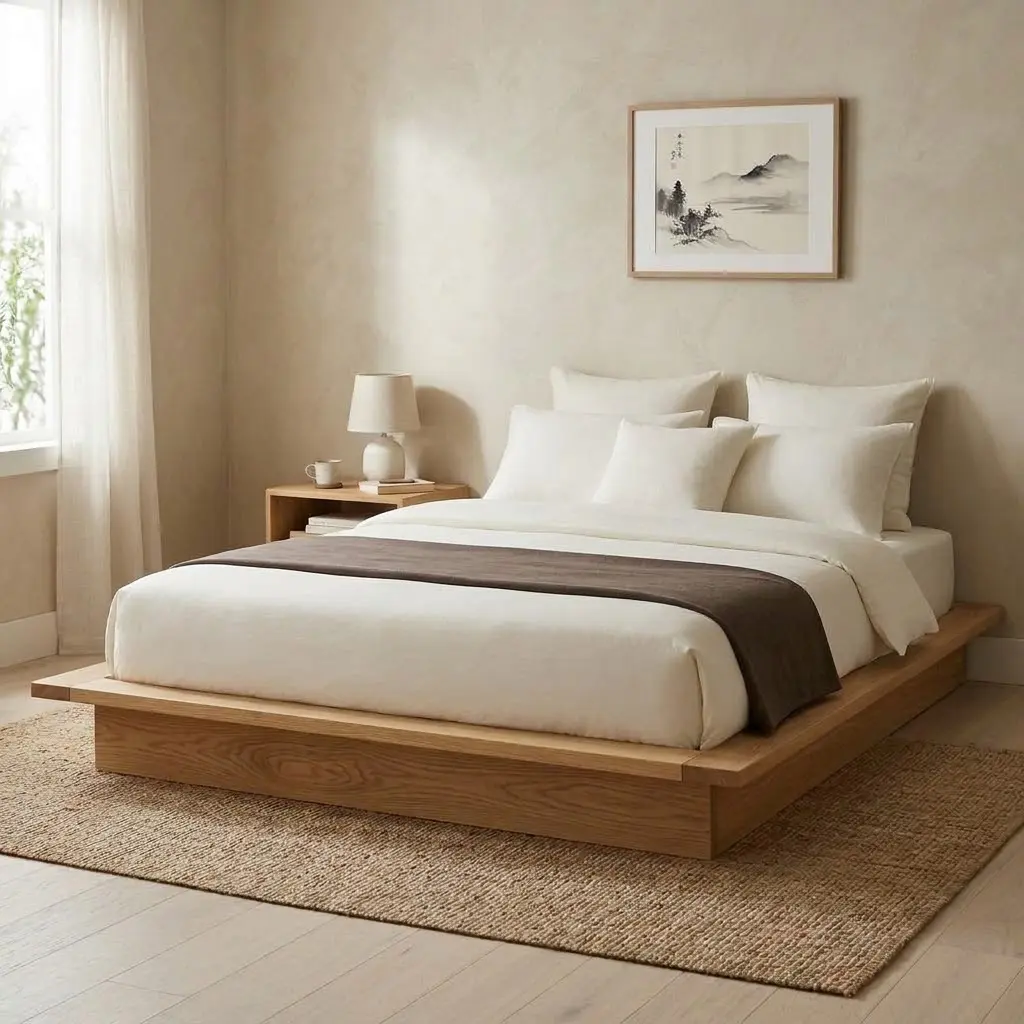 Japandi bedroom featuring a low pale oak platform bed with relaxed ivory linen bedding and a natural woven rug.