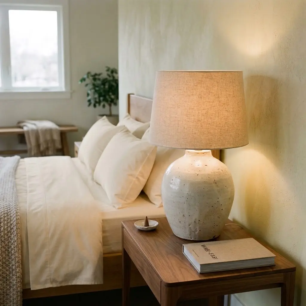 Sculptural matte ceramic bedside lamp with a linen shade on an oak nightstand beside a cozy Japandi bed.