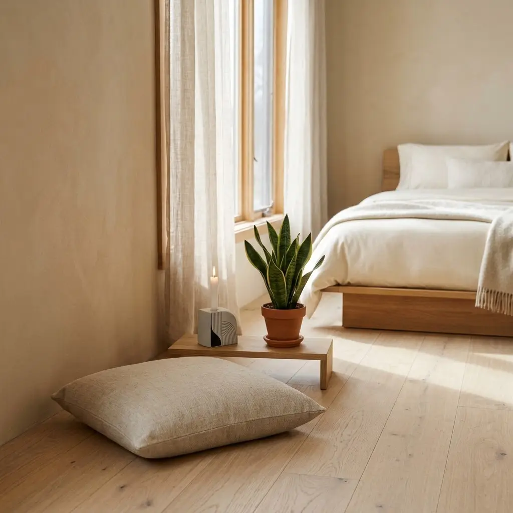 Peaceful Japandi bedroom corner with a linen floor cushion, ceramic candle, small plant, and natural window light.