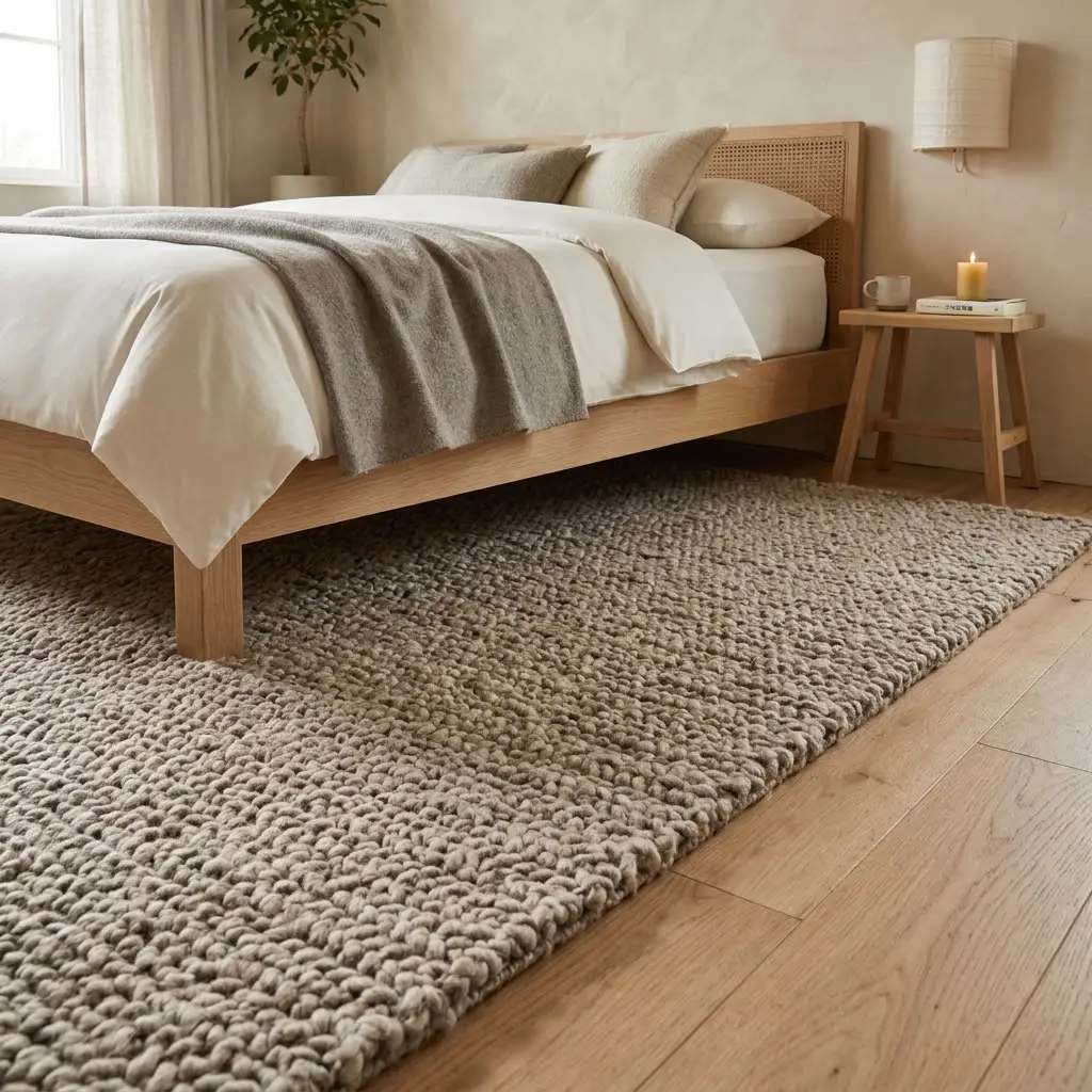 Japandi bedroom with a soft natural sheepskin rug beside a low oak bed on warm wooden flooring.
