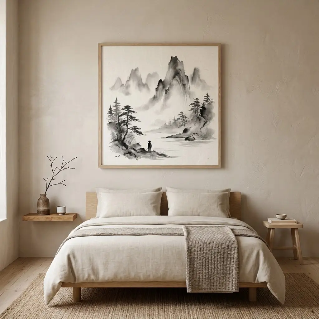 Japandi bedroom featuring a large Japanese ink landscape in a pale oak frame above a low bed with natural linen bedding.