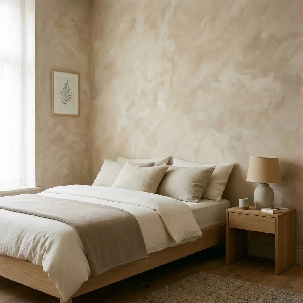 Japandi bedroom with warm beige limewash walls, subtle textured finishes, and a simple oak bed.