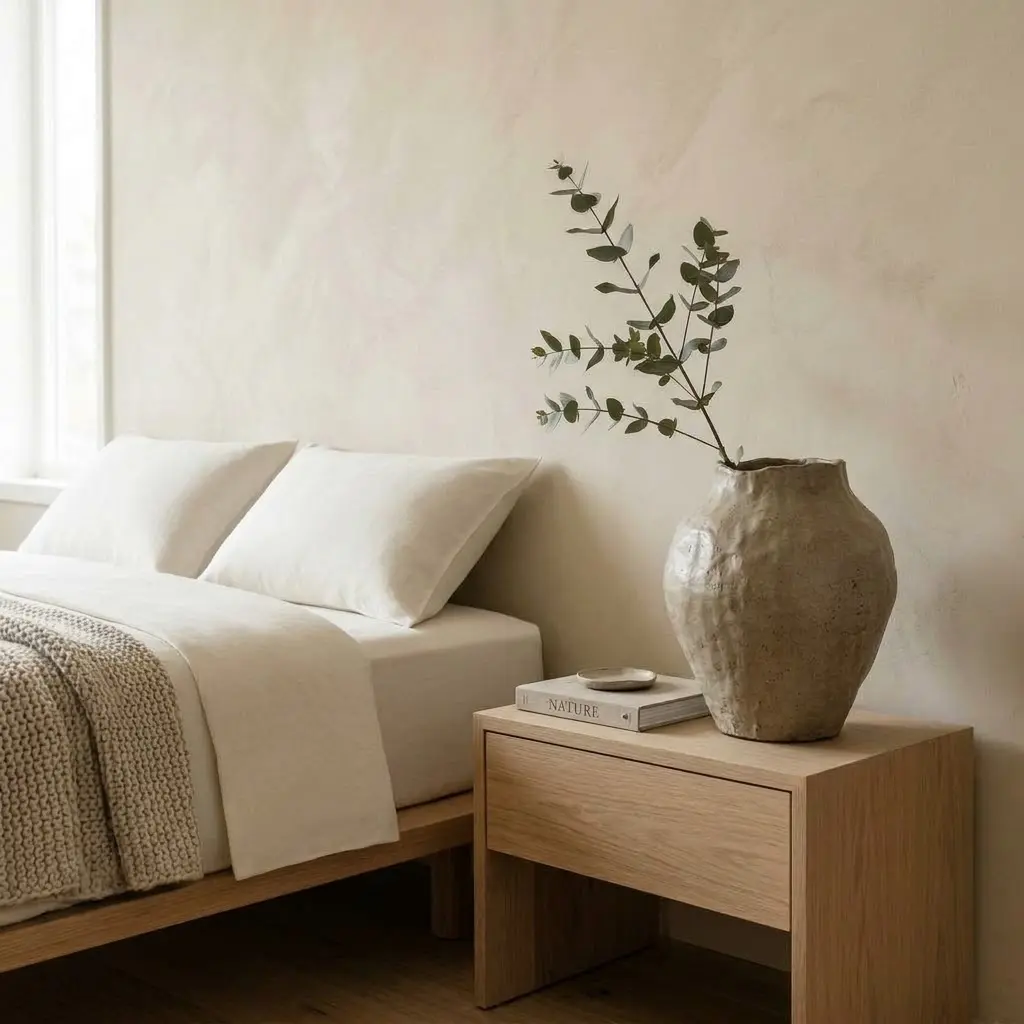 Handmade matte ceramic vase with a single eucalyptus branch on an oak bedside table in a serene Japandi bedroom.