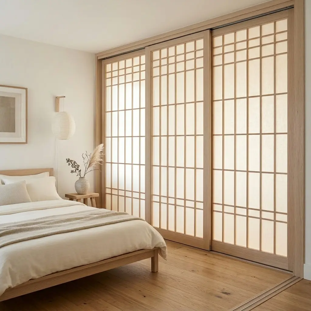 Japandi bedroom with pale oak sliding wardrobe panels and translucent screens that softly filter natural light.