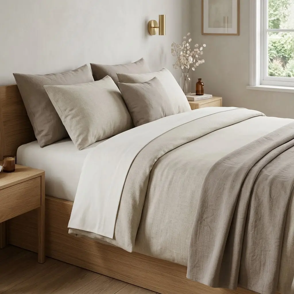 Cozy Japandi bedroom with ivory linen bedding, oatmeal pillows, and a soft taupe throw.