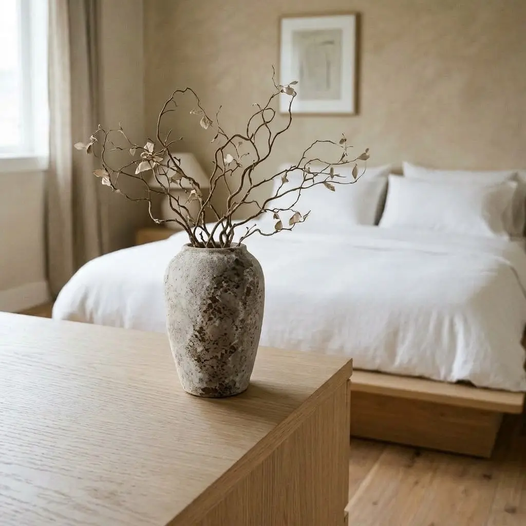 Handmade imperfect ceramic bowl on a pale oak dresser in a warm Japandi bedroom with natural textures.