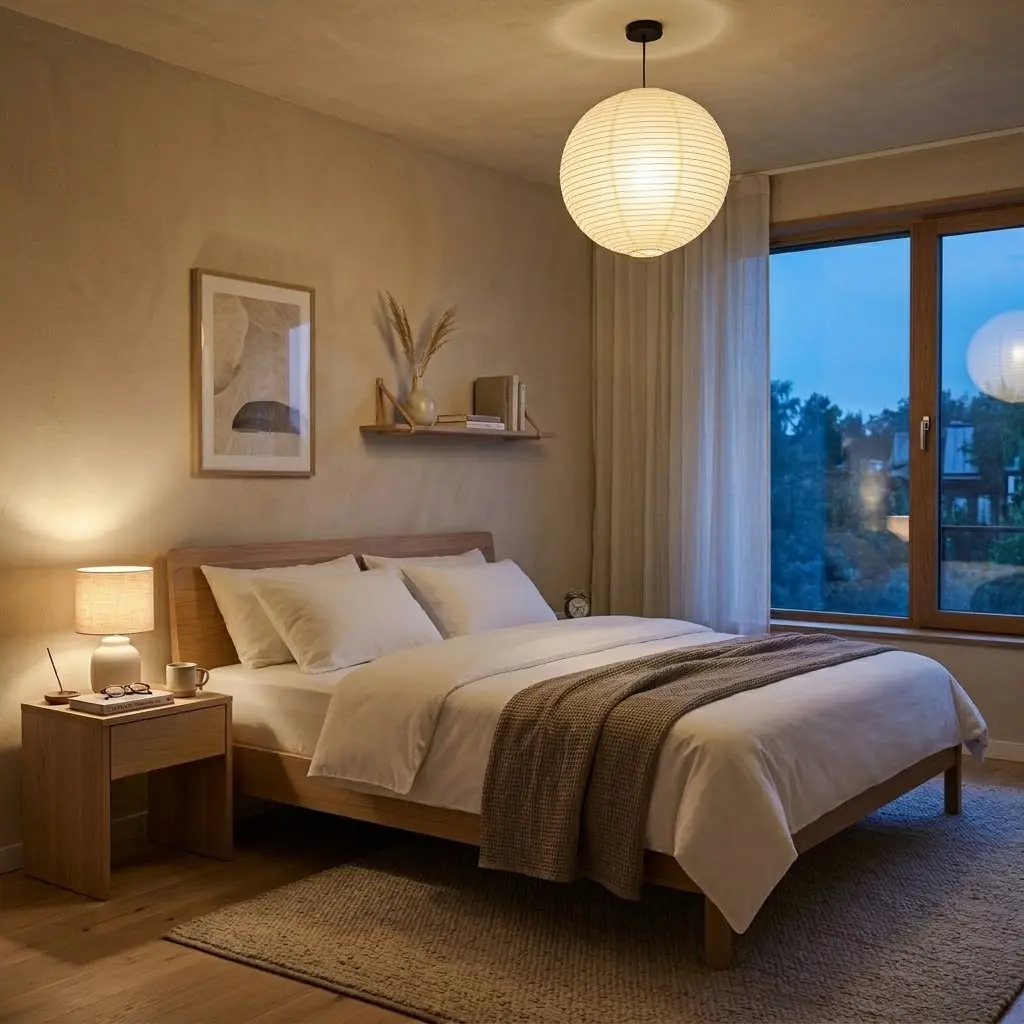 Japandi bedroom with a glowing paper lantern pendant and a warm bedside lamp illuminating neutral linen bedding.