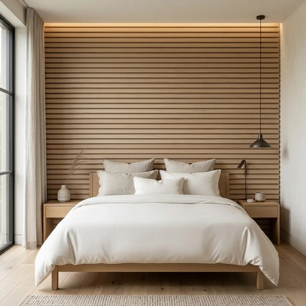 Japandi bedroom featuring a pale oak slatted wall behind a low bed with soft ivory bedding and warm indirect lighting.