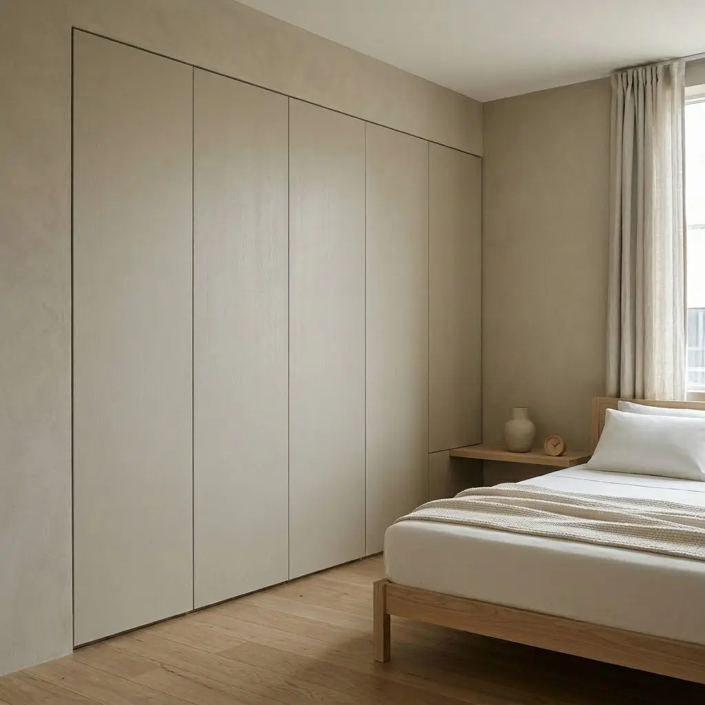 Minimalist Japandi bedroom with seamless handleless beige built-in wardrobes and a low oak platform bed.