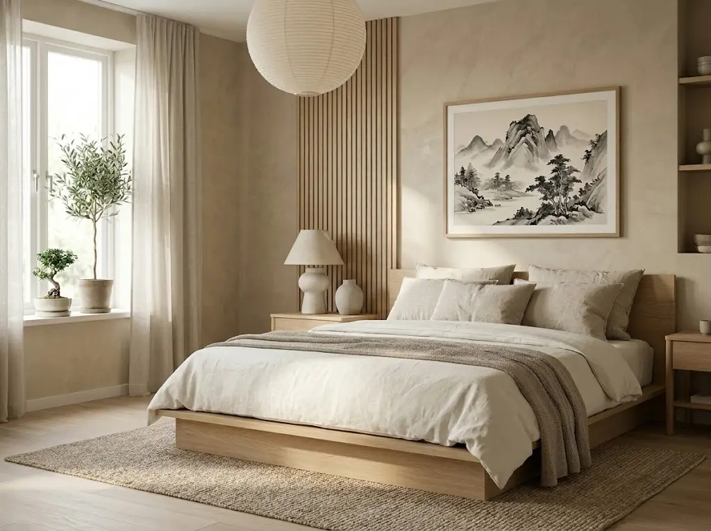 Japandi bedroom ideas blending Japanese minimalism and Scandinavian warmth with a low oak bed, natural linen bedding, ceramic lamps, and soft neutral tones.