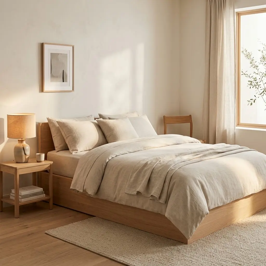 Close-up of a minimalist bedroom featuring luxurious ivory linen bedding, natural flax textures, and a light cream brown-coloured throw.