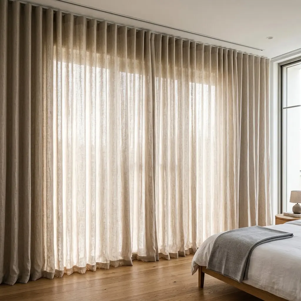 Modern minimalist bedroom with dramatic ceiling-to-floor oatmeal linen curtains filtering soft natural sunlight.