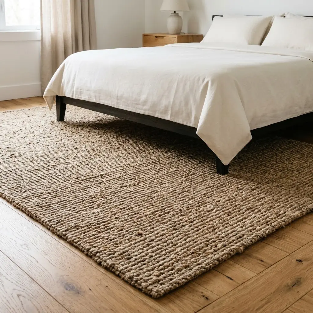 Minimalist bedroom featuring an oversized natural jute-and-wool rug extending beneath a modern bed over warm oak flooring.
