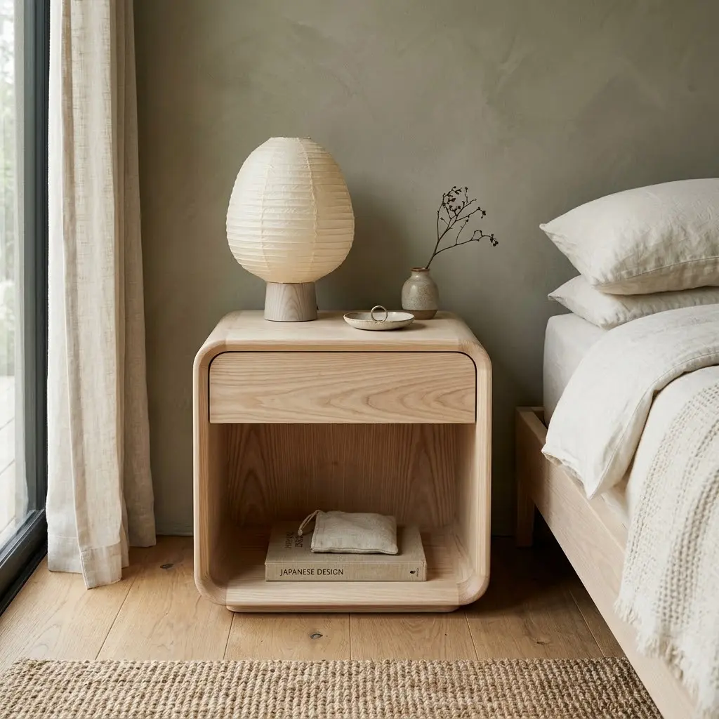 Japandi minimalist bedroom with a sculptural pale-ash bedside table, open shelving, and a simple paper-shade lamp.