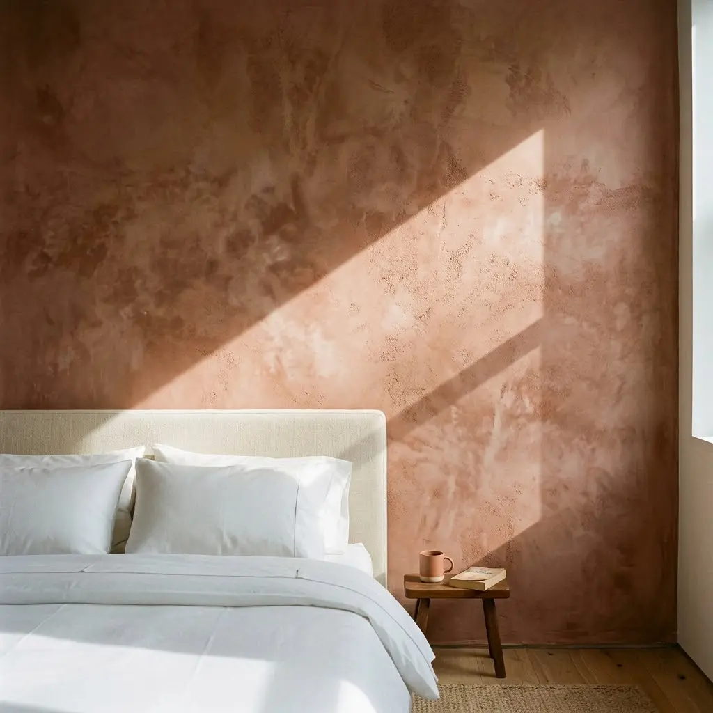 Modern minimalist bedroom featuring a dusty-terracotta limewash accent wall behind a cream upholstered bed.