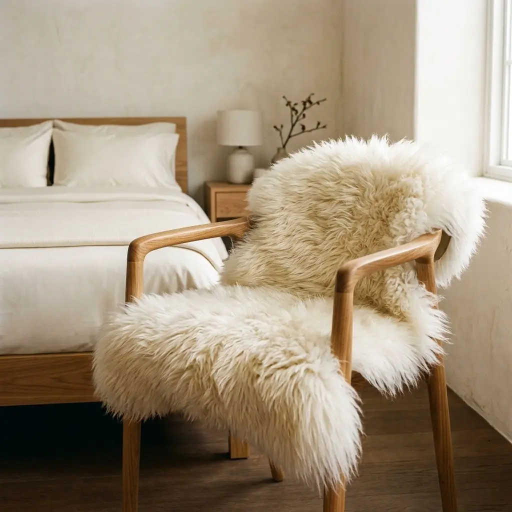 Minimalist bedroom with an ivory sheepskin rug draped over a sculptural walnut chair beside a linen-covered bed.